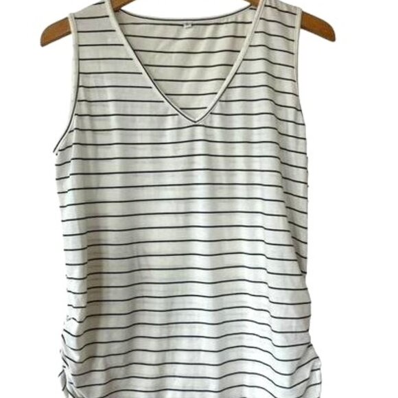 White and Black Stripe Ruched Sleeveless Shirt - Picture 1 of 4